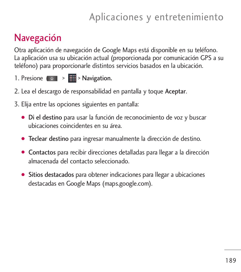 Navegaci, Navegación, Aplicaciones y entretenimiento | LG LGL55C User Manual | Page 431 / 506