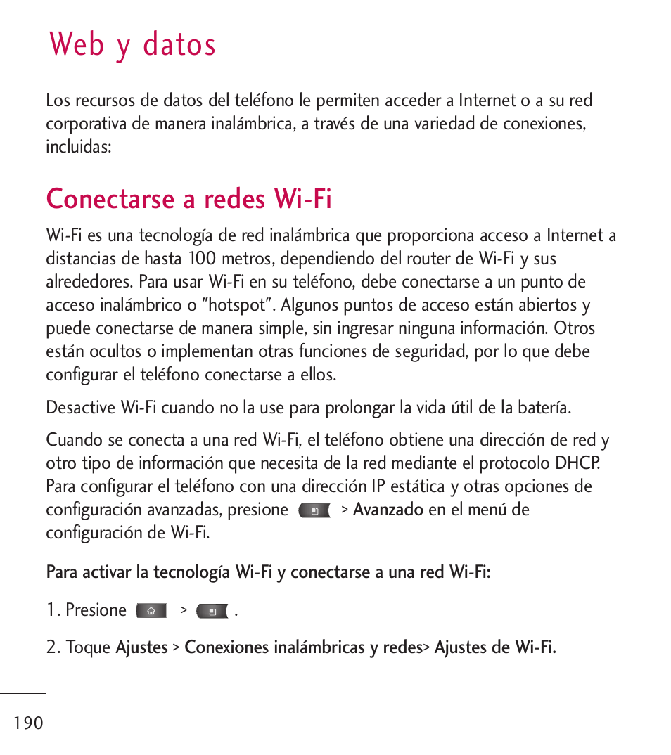 Web y datos, Conectarse a redes wi-fi | LG LGL55C User Manual | Page 432 / 506