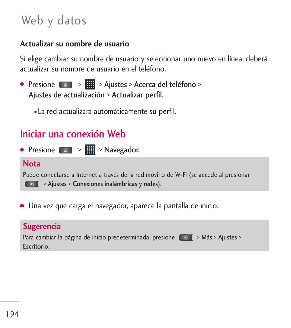 Web y datos, Iniciar una conexión web, Nota | Sugerencia | LG LGL55C User Manual | Page 436 / 506