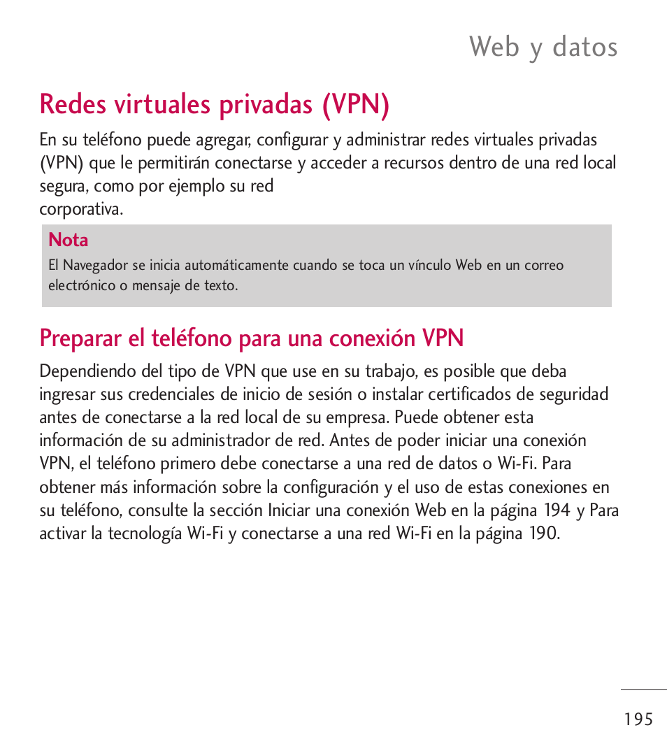 Redes virtuales privadas (vpn), Redes virtuales privadas (vpn) 195, Web y datos | Preparar el teléfono para una conexión vpn | LG LGL55C User Manual | Page 437 / 506