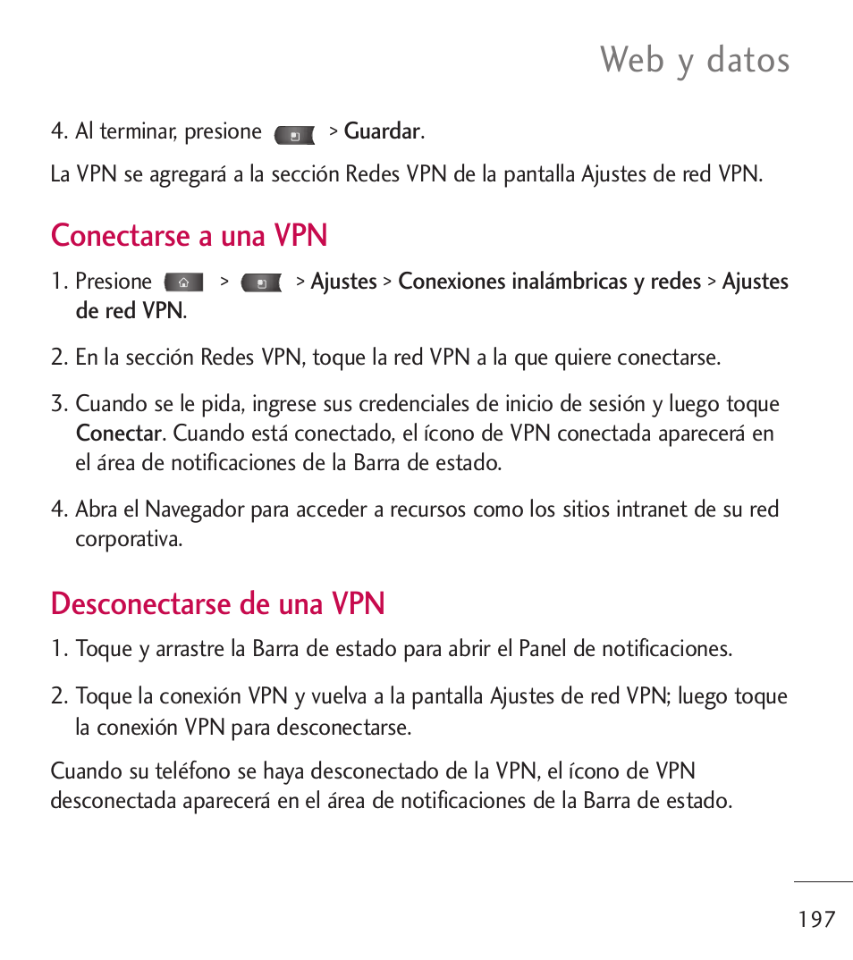 Web y datos, Conectarse a una vpn, Desconectarse de una vpn | LG LGL55C User Manual | Page 439 / 506