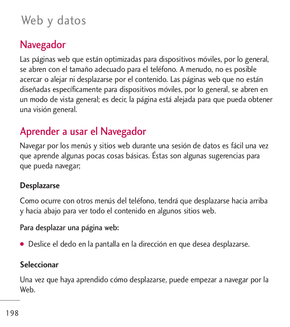 Web y datos, Navegador, Aprender a usar el navegador | LG LGL55C User Manual | Page 440 / 506