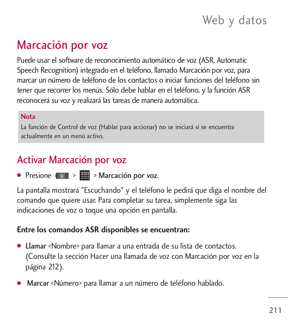 Marcaci? por voz, Marcación por voz, Web y datos | Activar marcación por voz | LG LGL55C User Manual | Page 453 / 506