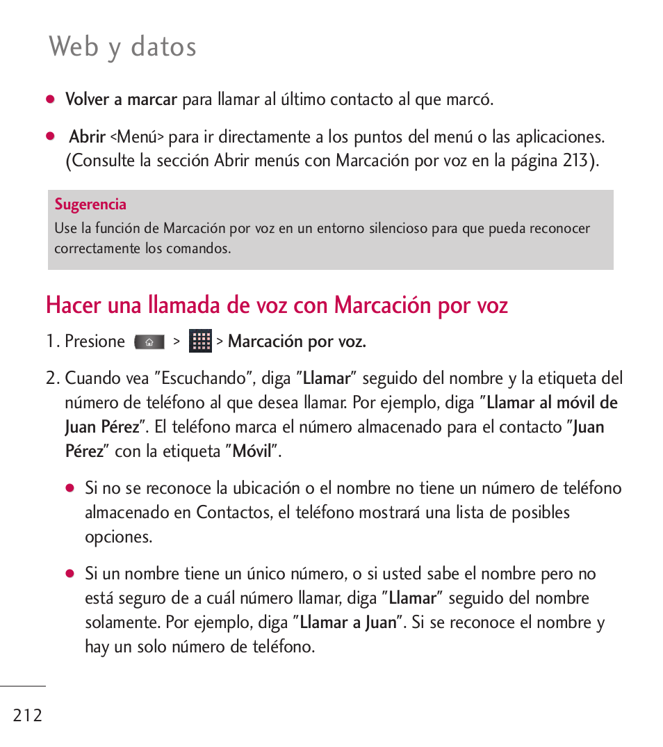 Web y datos, Hacer una llamada de voz con marcación por voz | LG LGL55C User Manual | Page 454 / 506