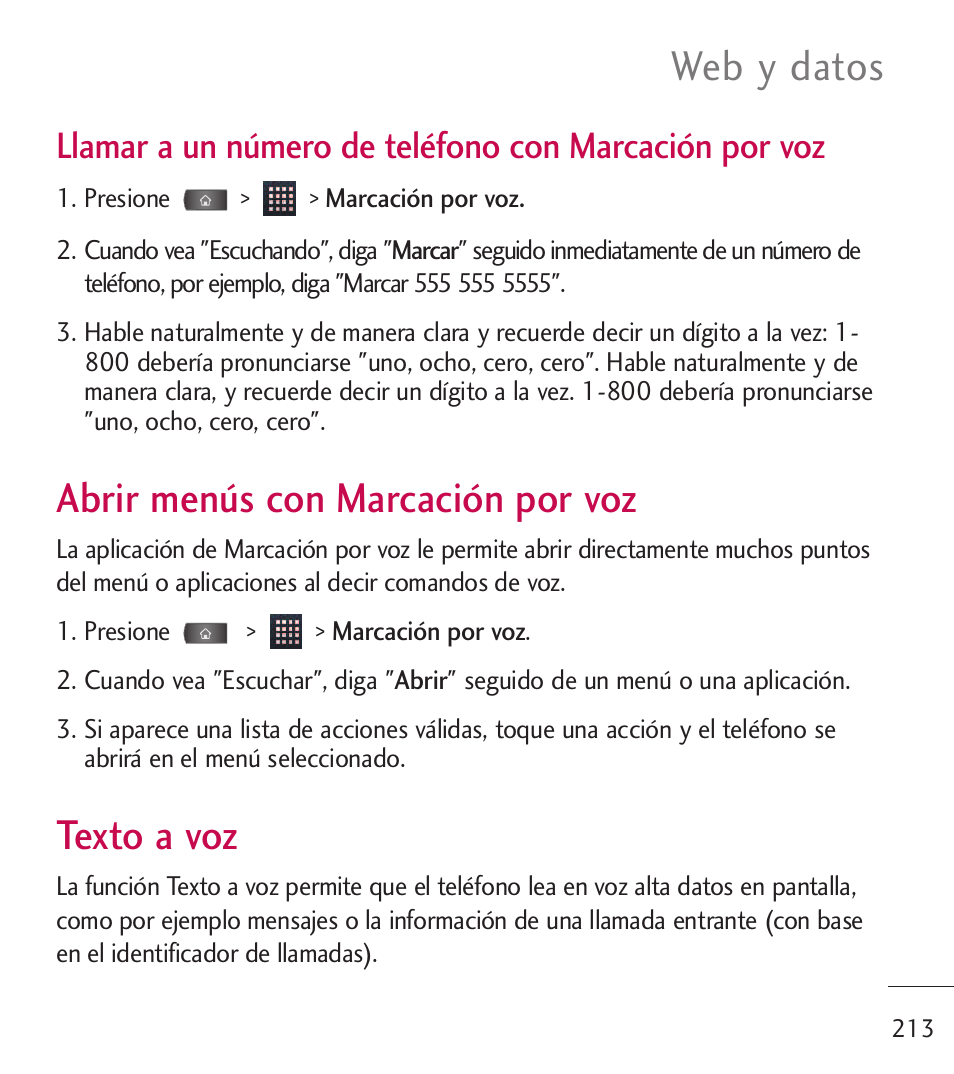 Abrir men? con marcaci? p, Texto a voz, Abrir menús con marcación | Por voz, Abrir menús con marcación por voz, Web y datos | LG LGL55C User Manual | Page 455 / 506