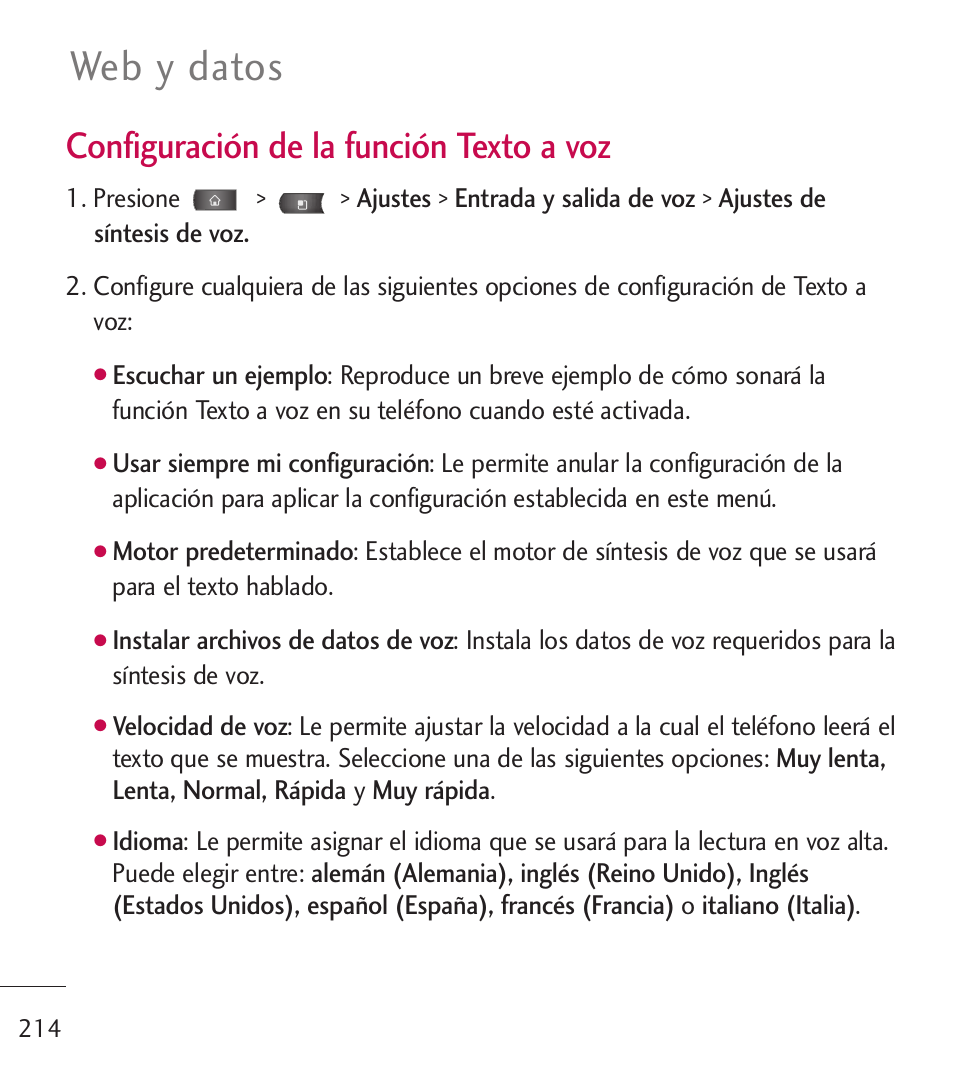 Web y datos, Configuración de la función texto a voz | LG LGL55C User Manual | Page 456 / 506