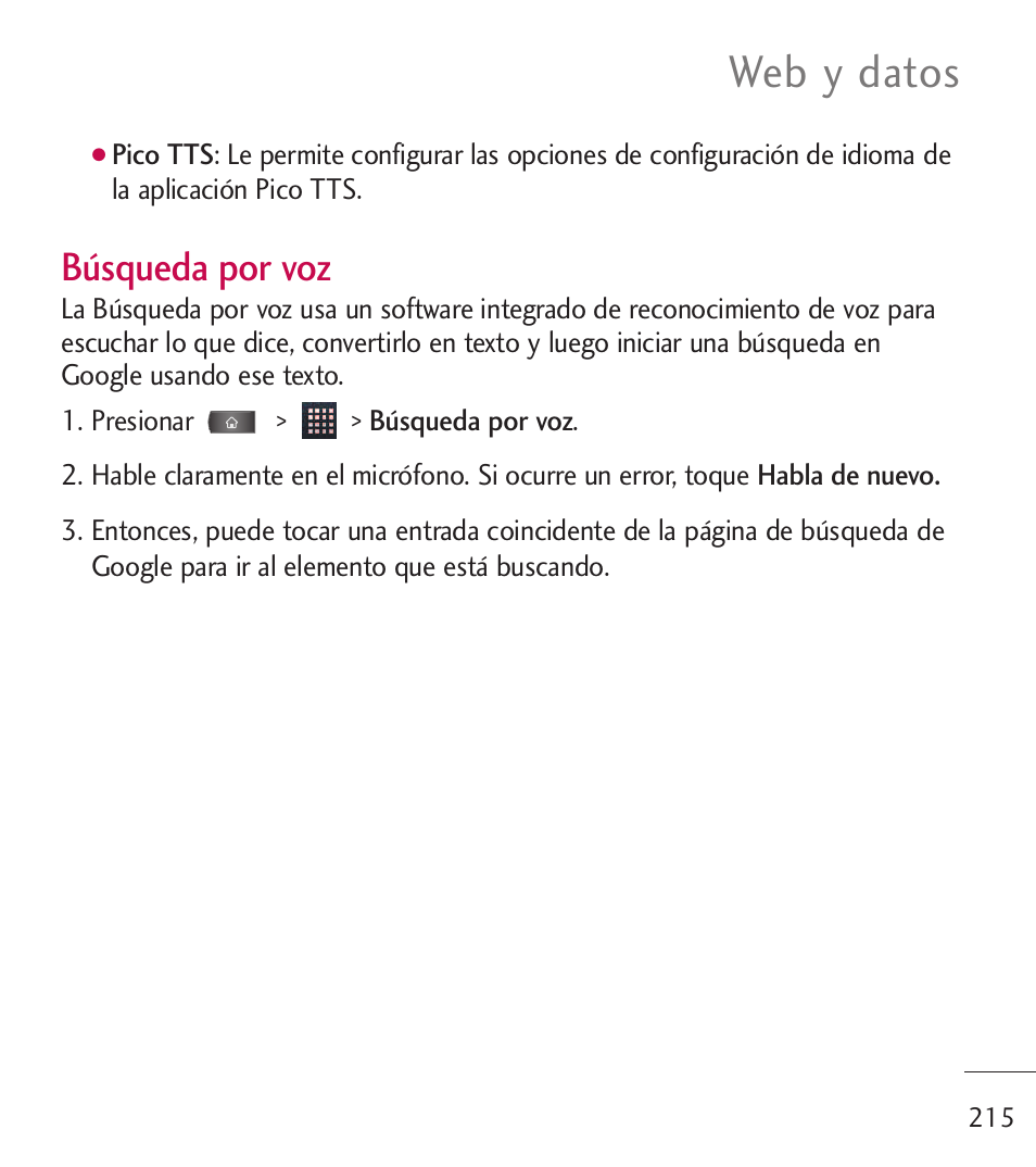 Web y datos, Búsqueda por voz | LG LGL55C User Manual | Page 457 / 506