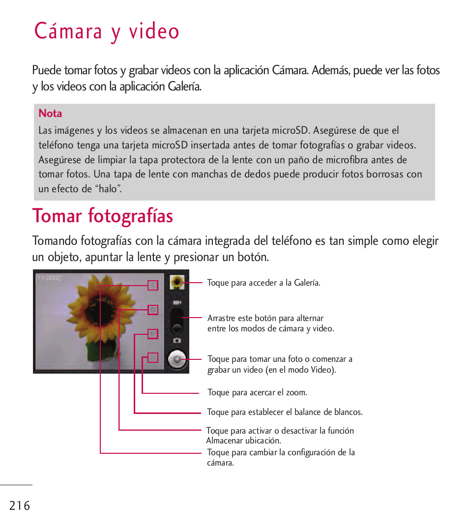 C?ara y video, Tomar fotograf?s, Cámara y video | Tomar fotografías | LG LGL55C User Manual | Page 458 / 506