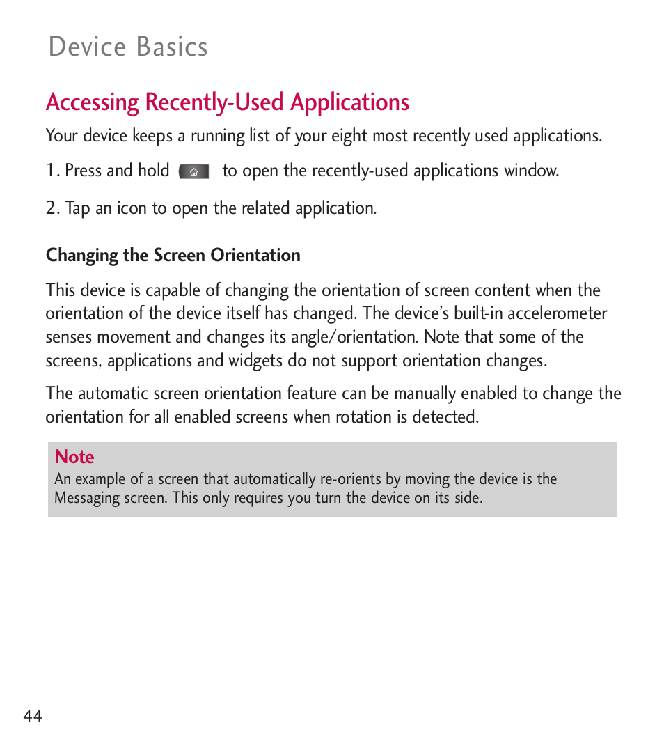 Device basics, Accessing recently-used applications | LG LGL55C User Manual | Page 46 / 506