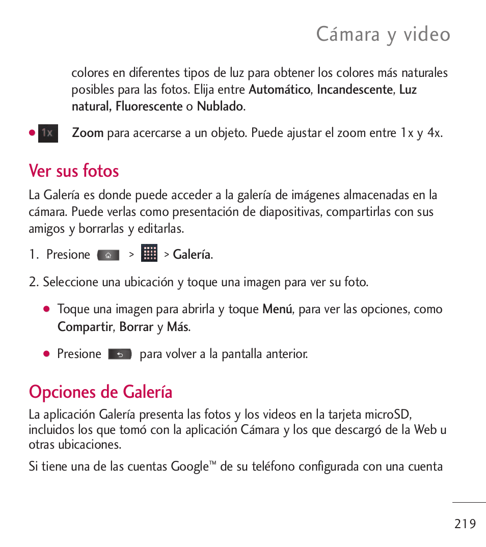 Cámara y video, Ver sus fotos, Opciones de galería | LG LGL55C User Manual | Page 461 / 506