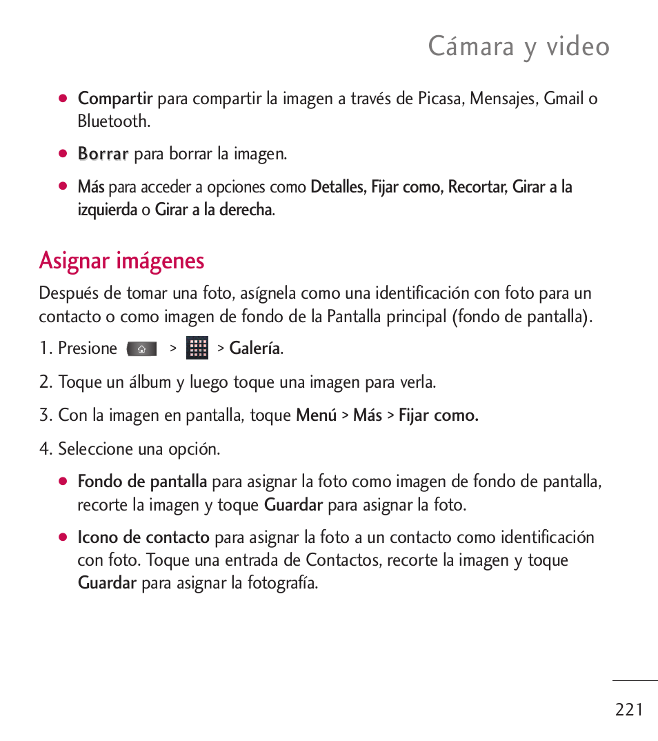 Cámara y video, Asignar imágenes | LG LGL55C User Manual | Page 463 / 506