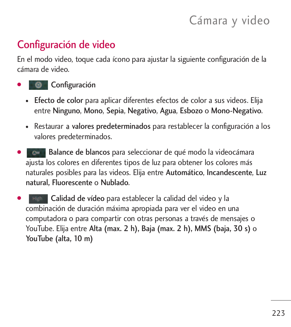 Cámara y video, Configuración de video | LG LGL55C User Manual | Page 465 / 506