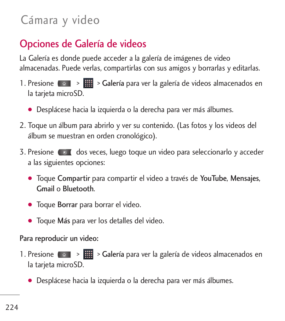 Cámara y video, Opciones de galería de videos | LG LGL55C User Manual | Page 466 / 506