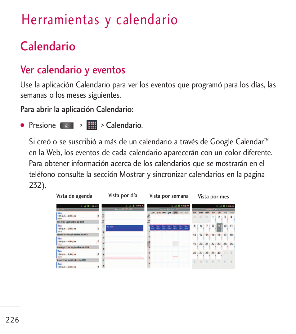 Herramientas y calendario, Calendario, Herramientas y calendario 226 | Ver calendario y eventos | LG LGL55C User Manual | Page 468 / 506