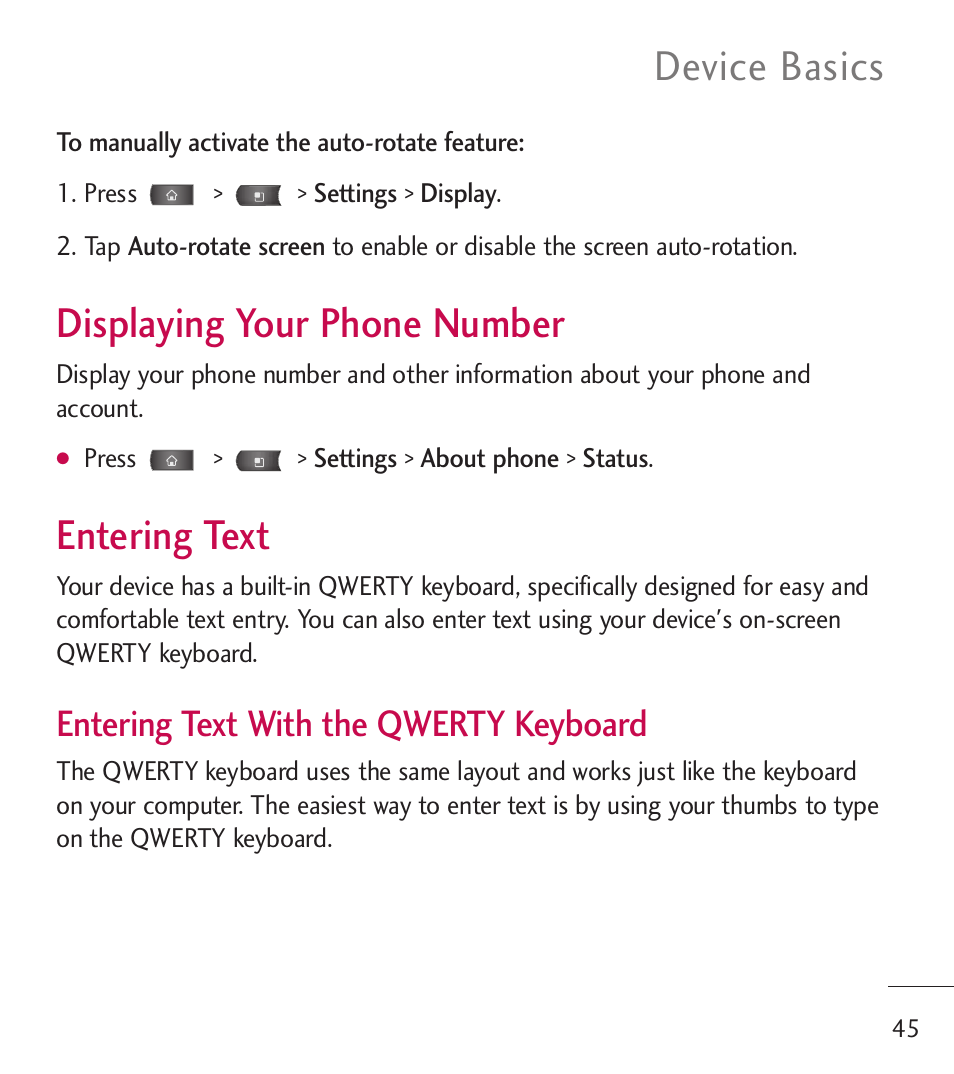 Displaying your phone number, Entering text, Displaying your phone number 45 entering text | Device basics, Entering text with the qwerty keyboard | LG LGL55C User Manual | Page 47 / 506