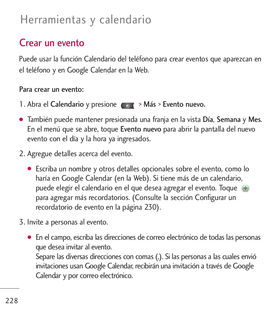 Herramientas y calendario, Crear un evento | LG LGL55C User Manual | Page 470 / 506