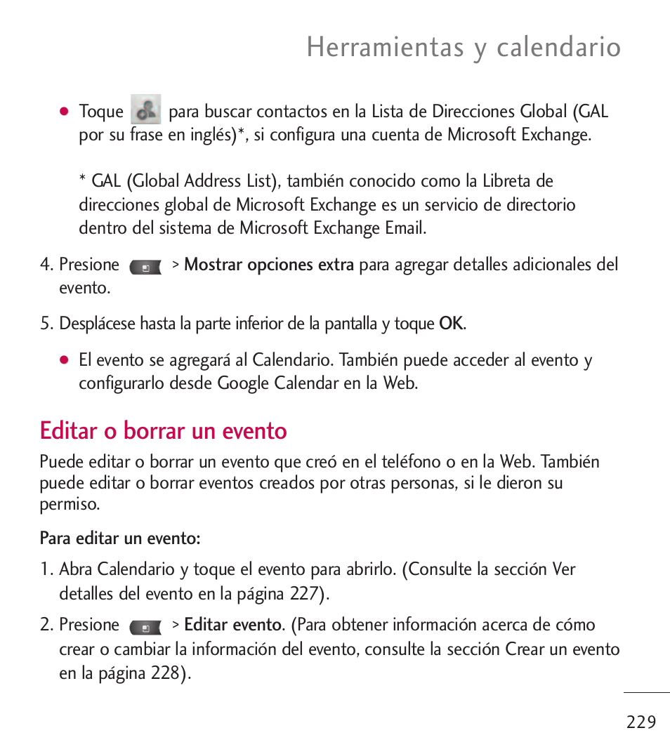 Herramientas y calendario, Editar o borrar un evento | LG LGL55C User Manual | Page 471 / 506