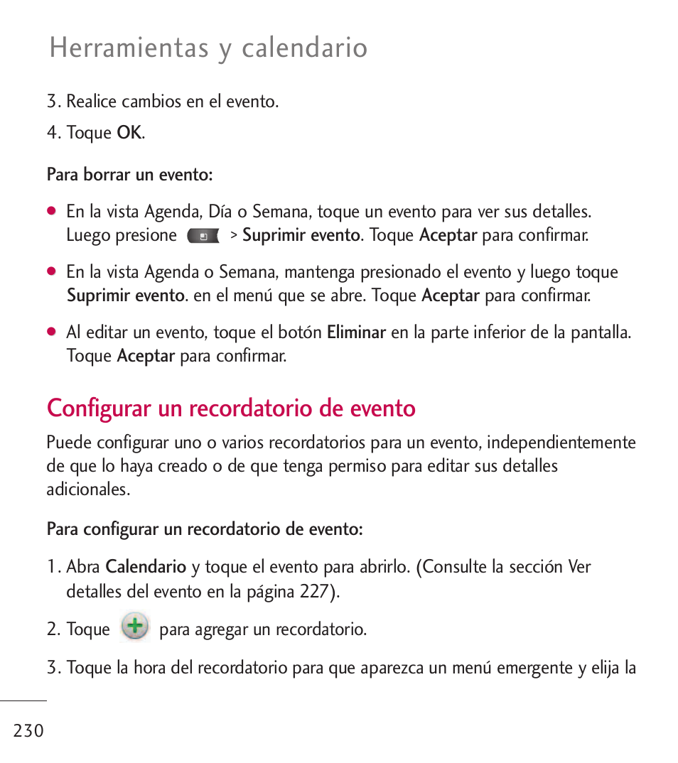 Herramientas y calendario, Configurar un recordatorio de evento | LG LGL55C User Manual | Page 472 / 506