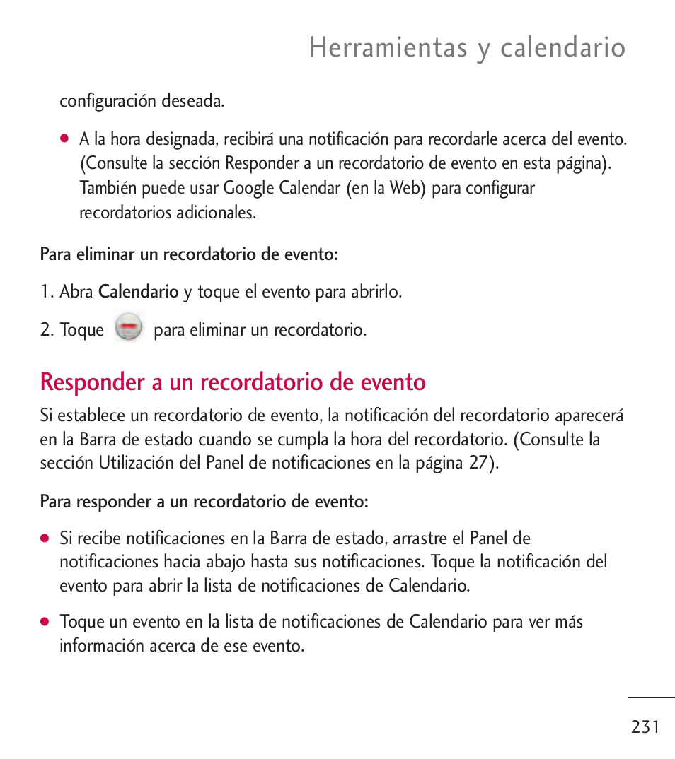 Herramientas y calendario, Responder a un recordatorio de evento | LG LGL55C User Manual | Page 473 / 506