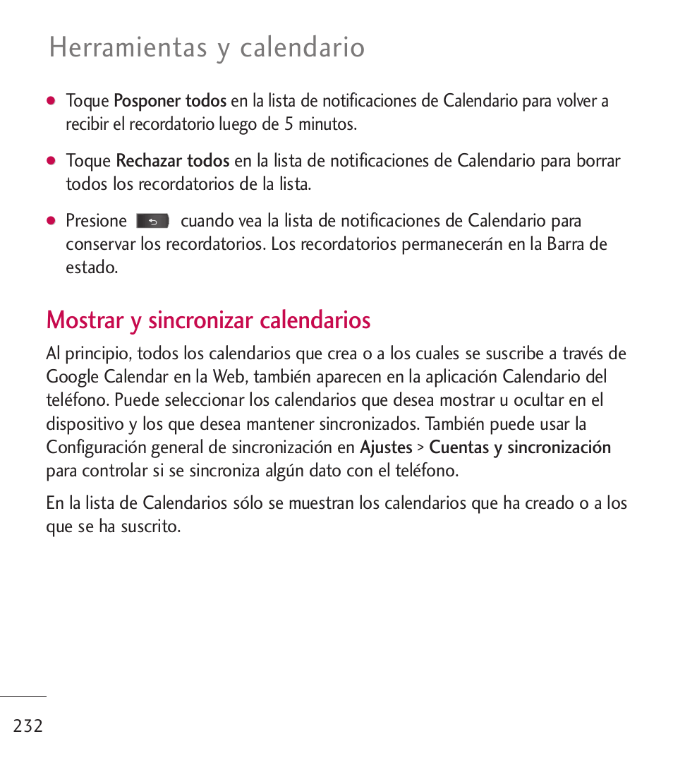 Herramientas y calendario, Mostrar y sincronizar calendarios | LG LGL55C User Manual | Page 474 / 506