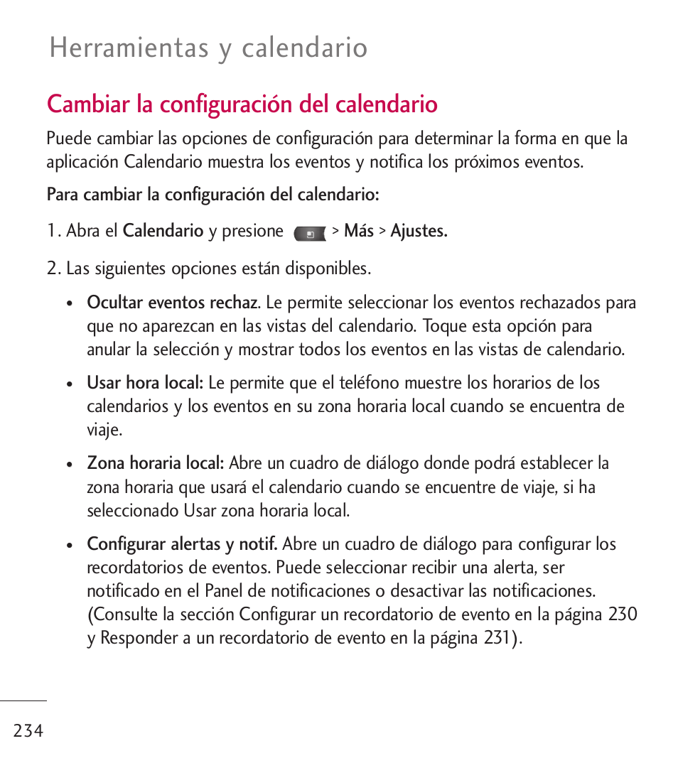 Herramientas y calendario, Cambiar la configuración del calendario | LG LGL55C User Manual | Page 476 / 506