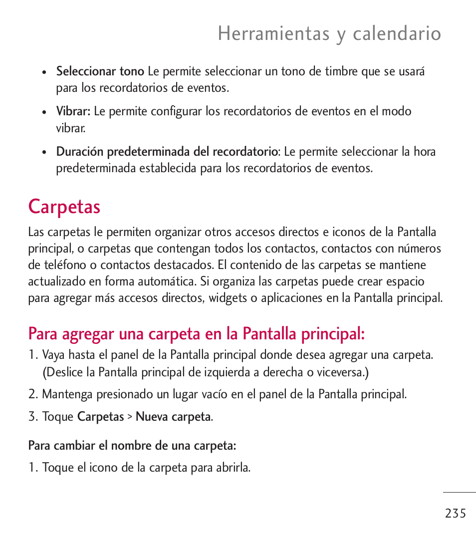 Carpetas, Herramientas y calendario, Para agregar una carpeta en la pantalla principal | LG LGL55C User Manual | Page 477 / 506