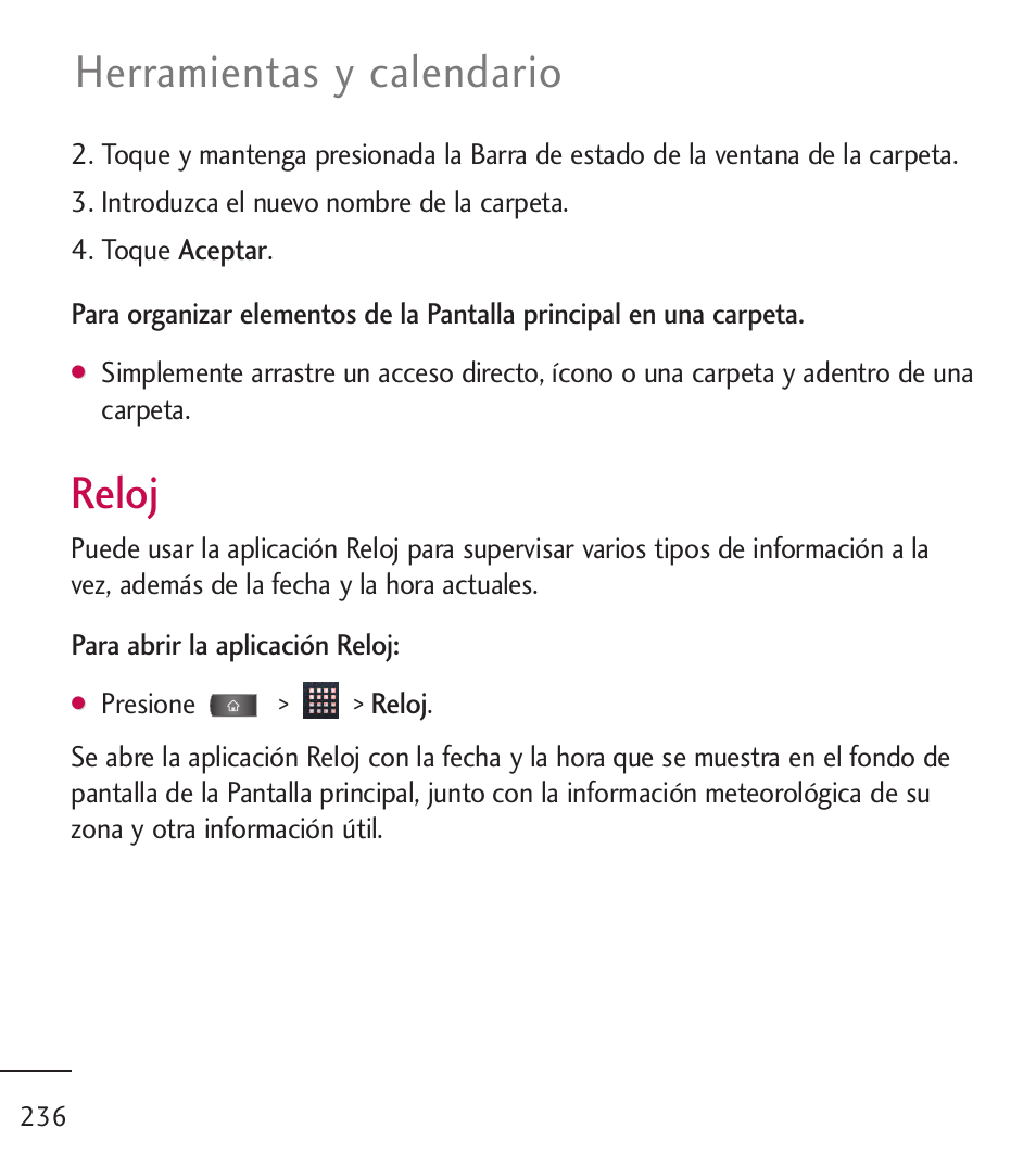 Reloj, Herramientas y calendario | LG LGL55C User Manual | Page 478 / 506