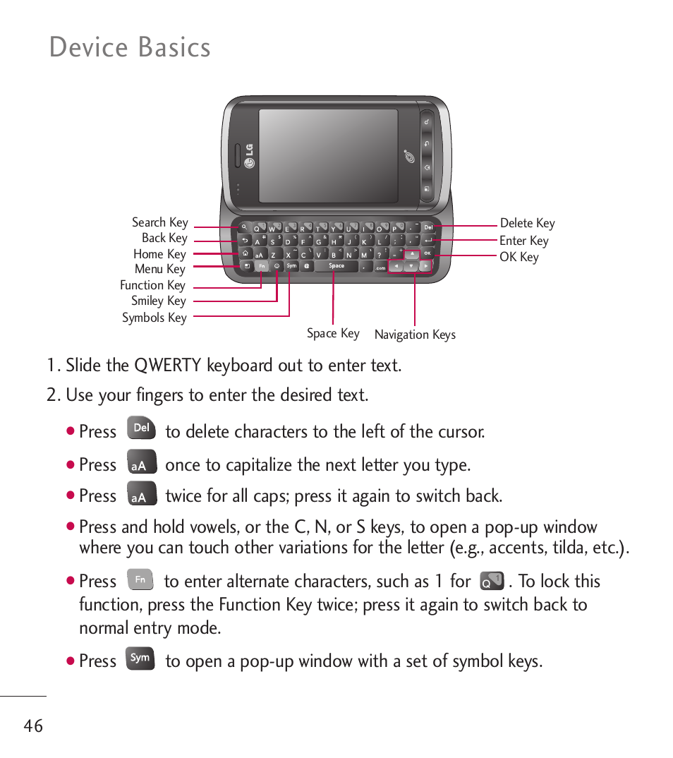 Device basics, Press once to capitalize the next letter you type | LG LGL55C User Manual | Page 48 / 506