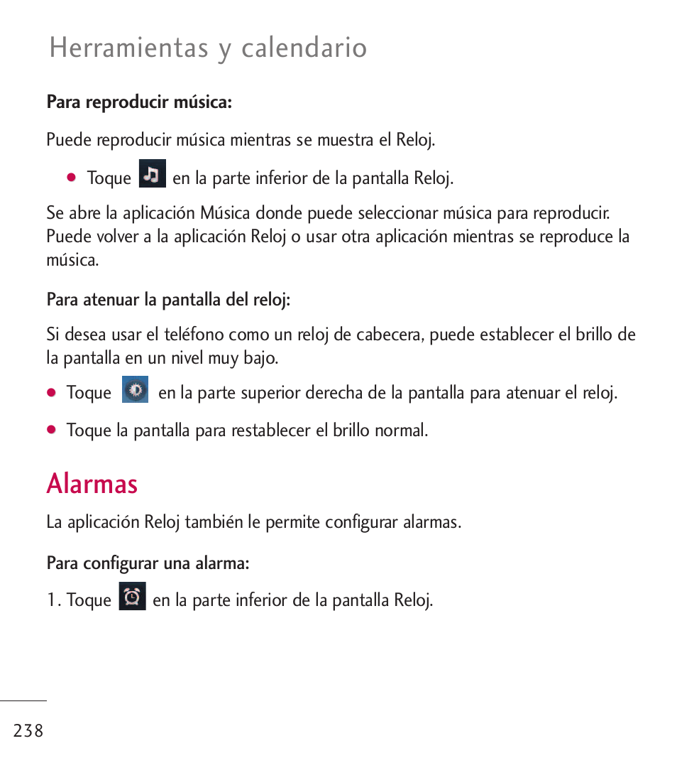 Alarmas, Herramientas y calendario | LG LGL55C User Manual | Page 480 / 506