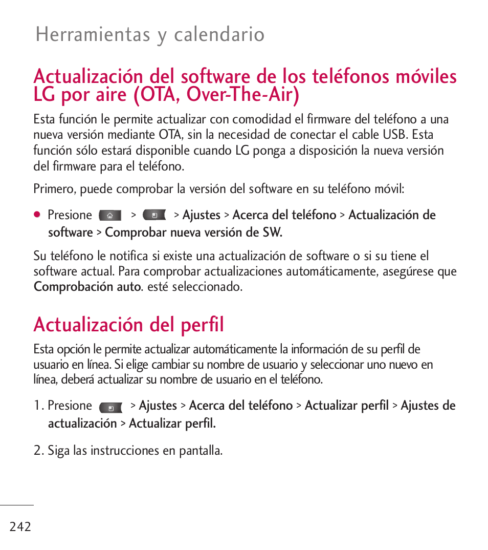 Actualizaci? del software d, Actualizaci? del perfil, Actualización del software de los | Teléfonos móviles lg por aire, Ota, over-the-air), Actualización del perfil, Herramientas y calendario | LG LGL55C User Manual | Page 484 / 506