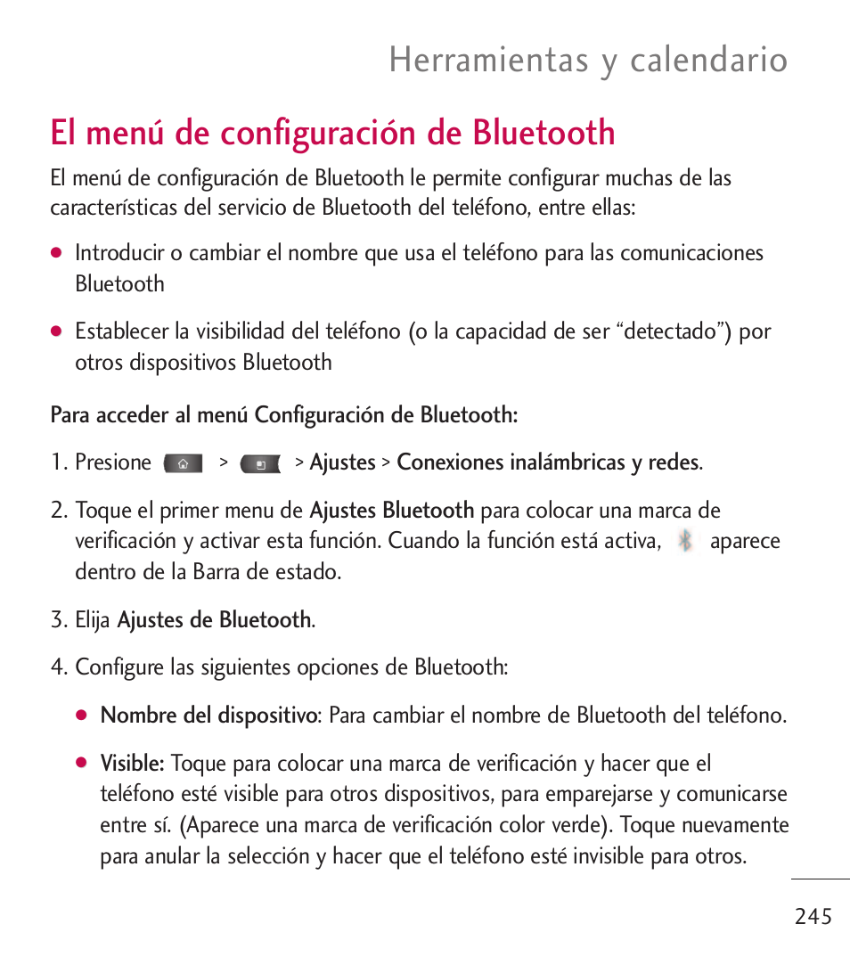 El men?de configuraci? de, El menú de configuración de, Bluetooth | El menú de configuración de bluetooth, Herramientas y calendario | LG LGL55C User Manual | Page 487 / 506