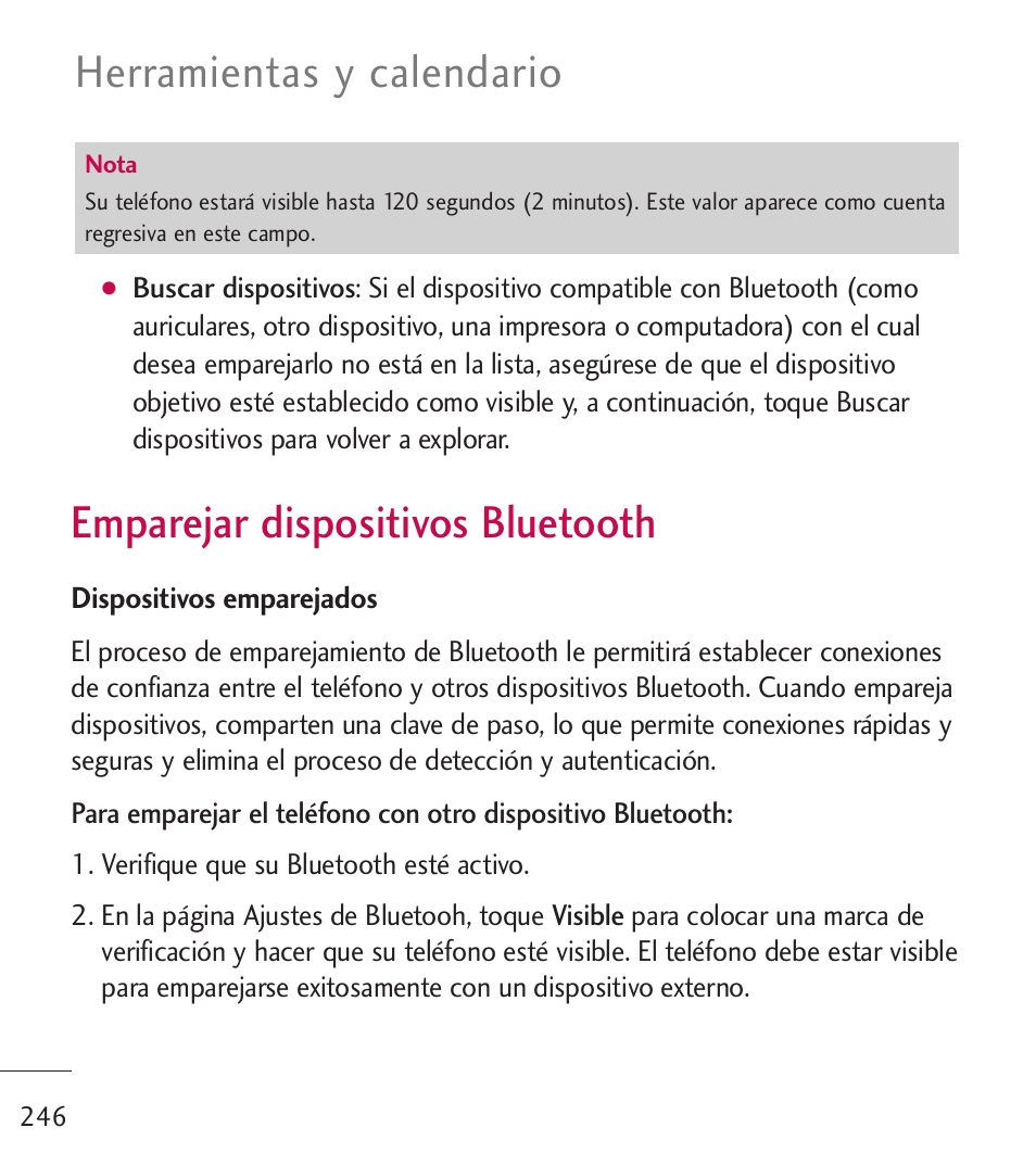 Emparejar dispositivos blue, Emparejar dispositivos, Bluetooth | Emparejar dispositivos bluetooth, Herramientas y calendario | LG LGL55C User Manual | Page 488 / 506