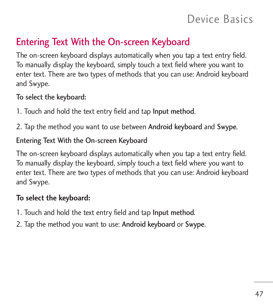 Device basics, Entering text with the on-screen keyboard | LG LGL55C User Manual | Page 49 / 506