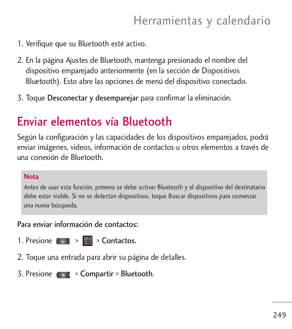 Enviar elementos v? bluetooth, Enviar elementos vía bluetooth 249, Enviar elementos vía bluetooth | Herramientas y calendario | LG LGL55C User Manual | Page 491 / 506