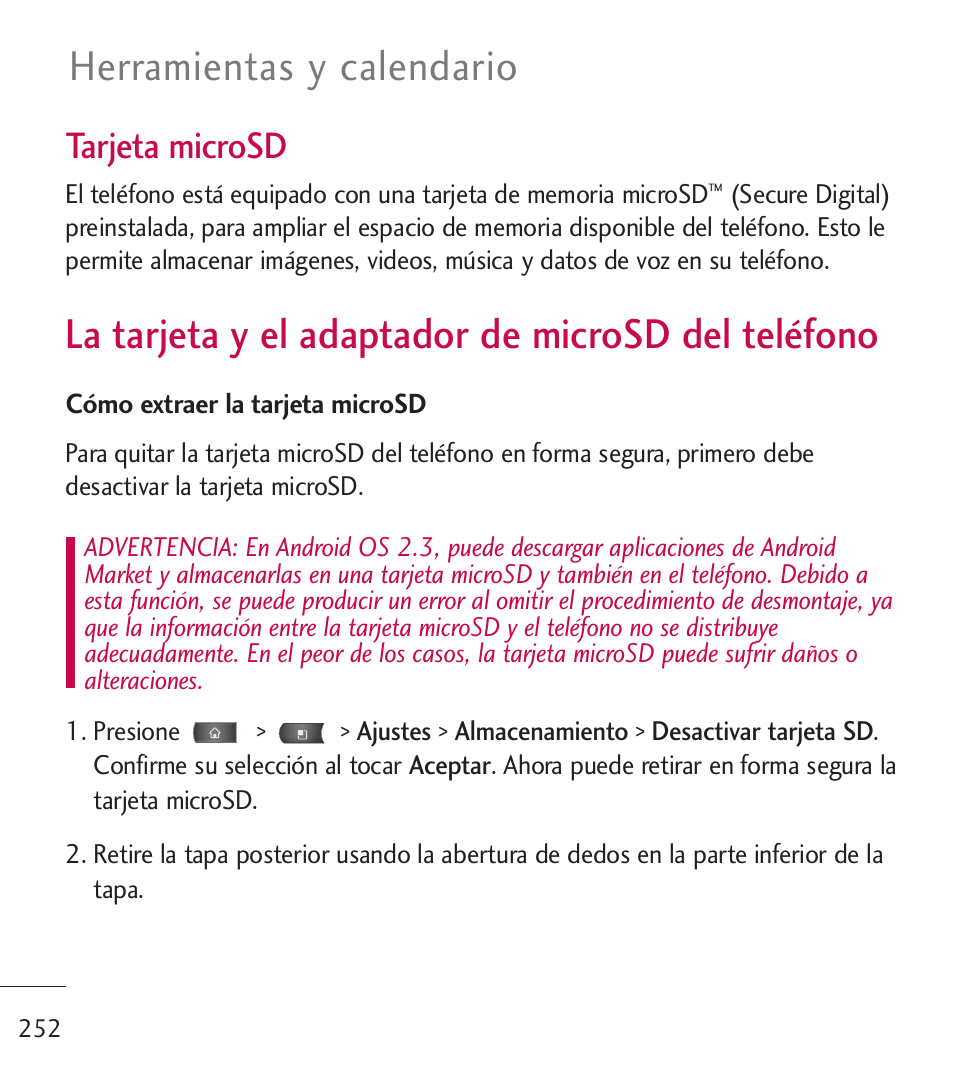 La tarjeta y el adaptador de, Microsd del teléfono, La tarjeta y el adaptador de microsd del teléfono | Herramientas y calendario, Tarjeta microsd | LG LGL55C User Manual | Page 494 / 506