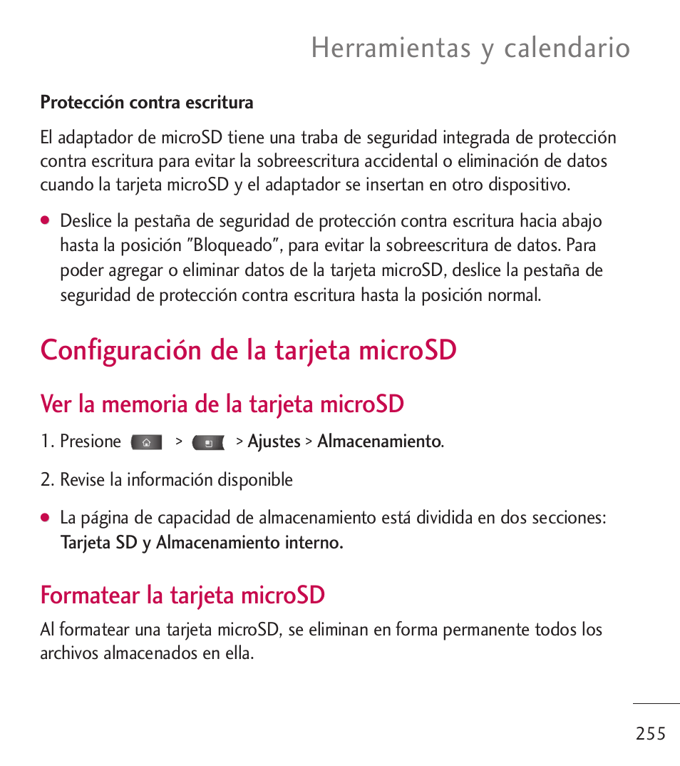 Configuraci? de la tarjeta, Configuración de la tarjeta, Microsd | Configuración de la tarjeta microsd, Herramientas y calendario, Formatear la tarjeta microsd | LG LGL55C User Manual | Page 497 / 506