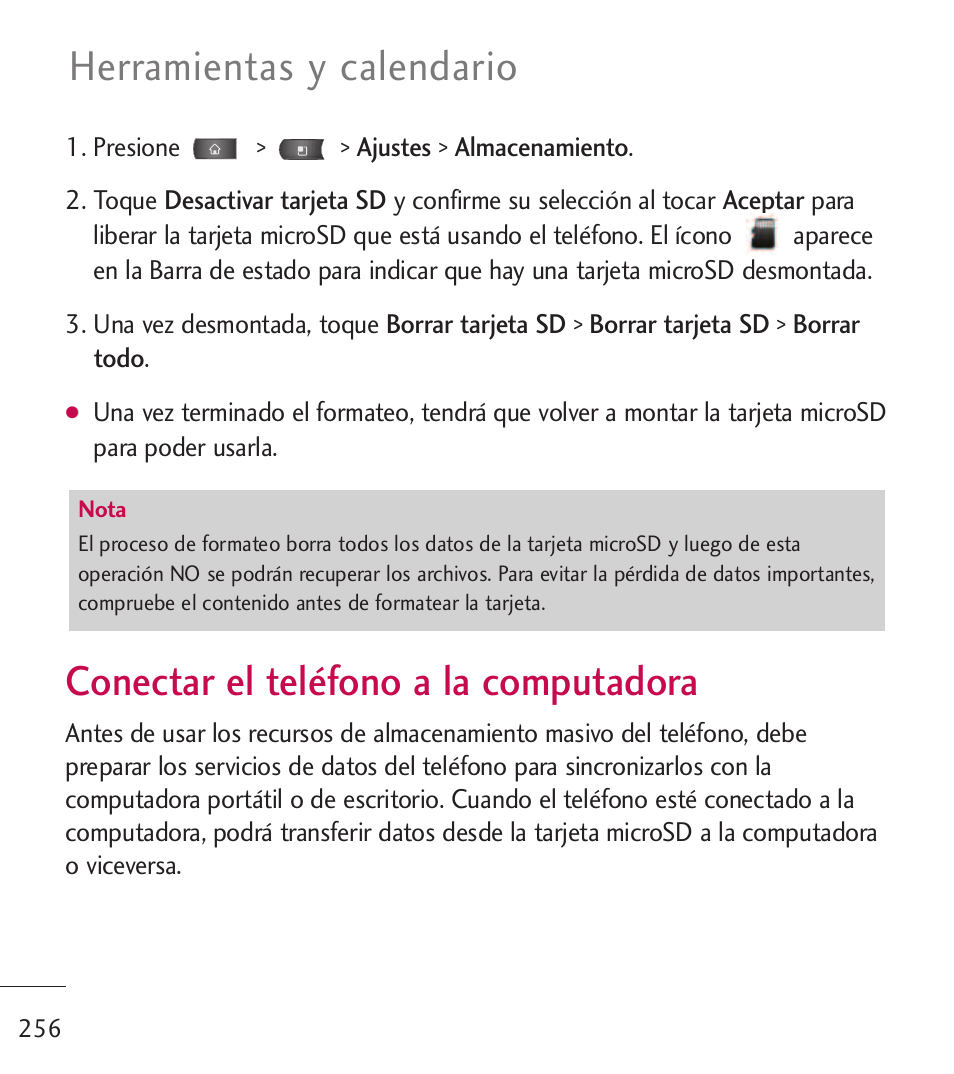 Conectar el tel?ono a la co, Conectar el teléfono a la, Computadora | Conectar el teléfono a la computadora, Herramientas y calendario | LG LGL55C User Manual | Page 498 / 506