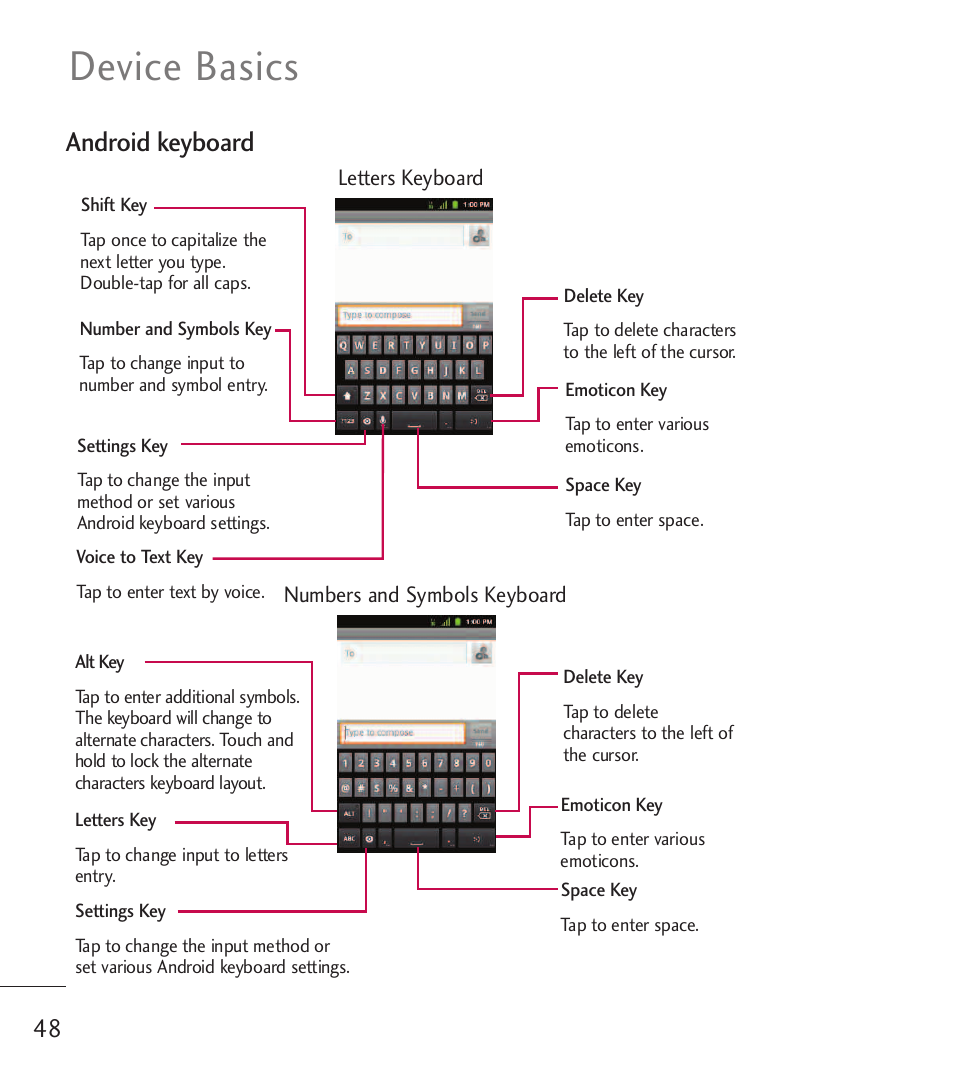 Device basics, Android keyboard | LG LGL55C User Manual | Page 50 / 506