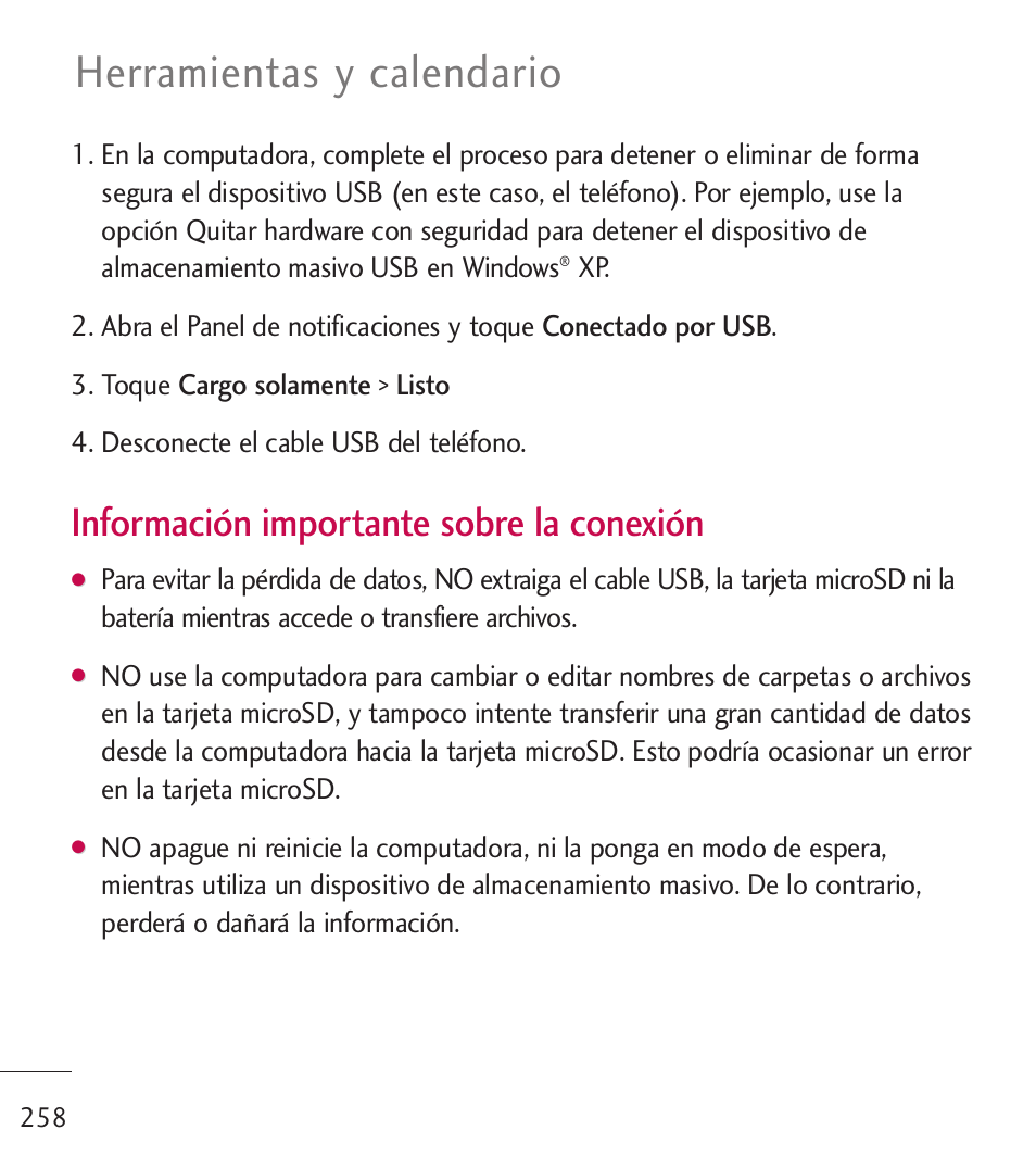 Herramientas y calendario, Información importante sobre la conexión | LG LGL55C User Manual | Page 500 / 506