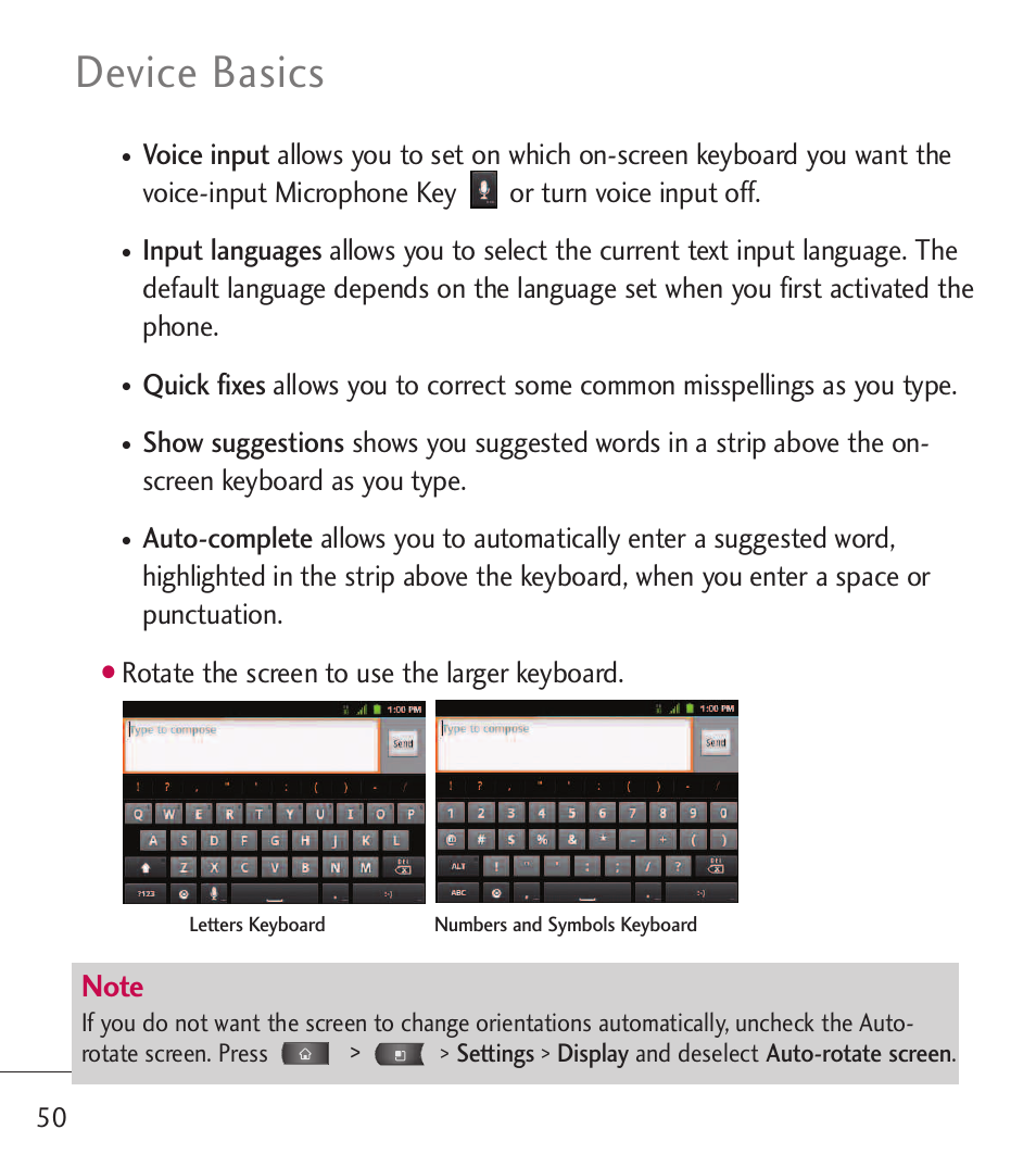 Device basics, Rotate the screen to use the larger keyboard | LG LGL55C User Manual | Page 52 / 506