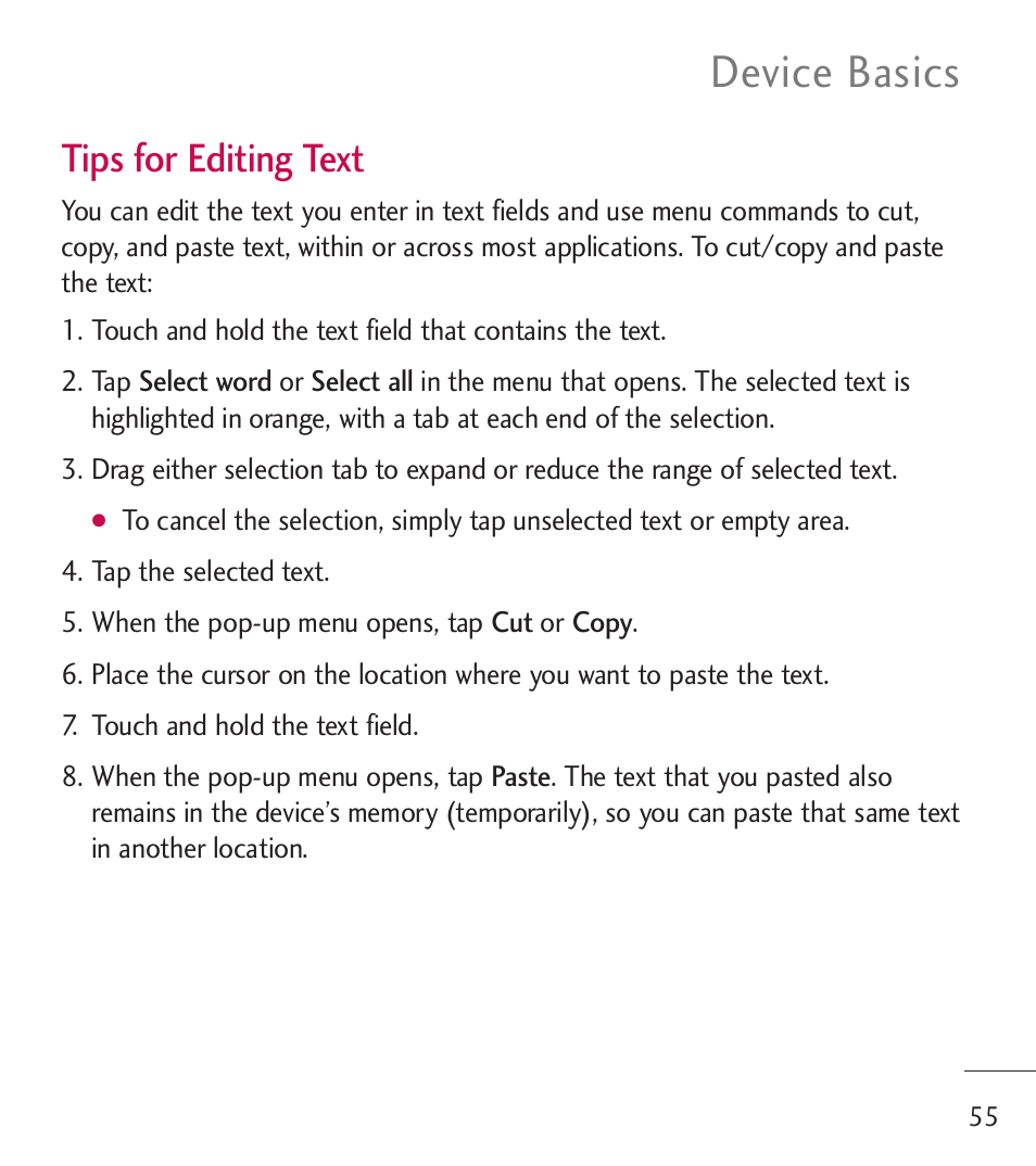 Device basics, Tips for editing text | LG LGL55C User Manual | Page 57 / 506