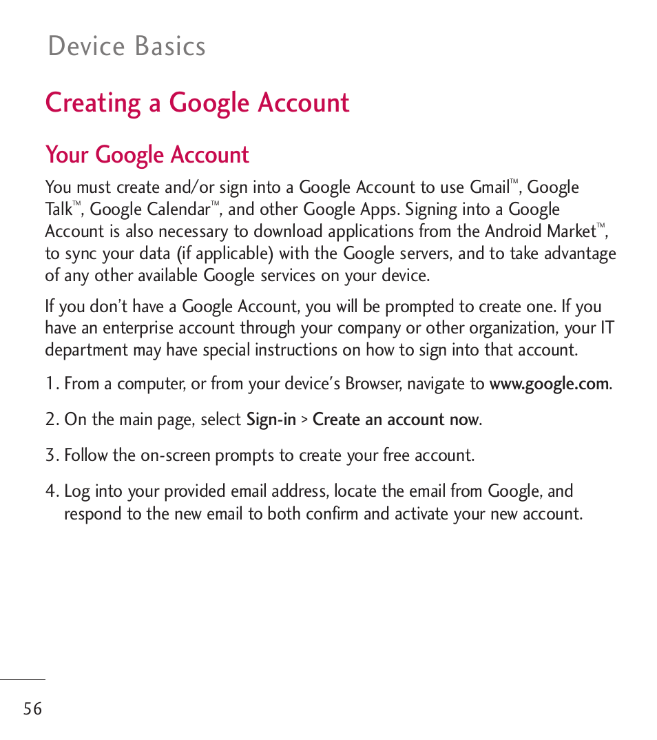 Creating a google account, Device basics, Your google account | LG LGL55C User Manual | Page 58 / 506