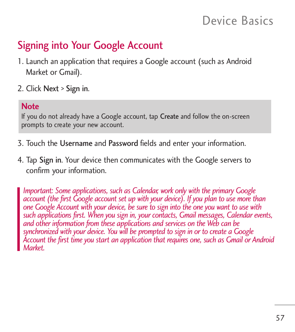 Device basics, Signing into your google account | LG LGL55C User Manual | Page 59 / 506