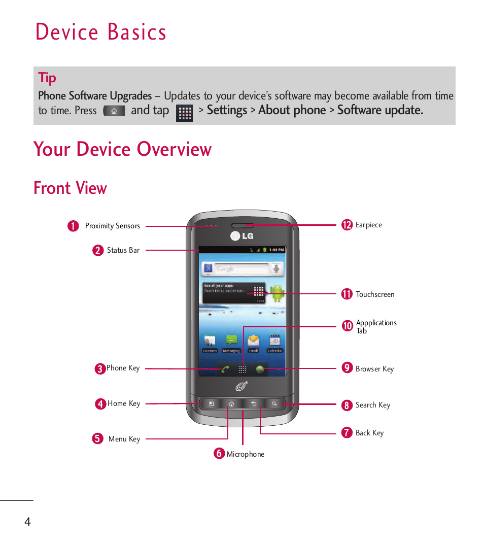 Device basics, Your device overview, Front view | And tap > settings > about phone > software update | LG LGL55C User Manual | Page 6 / 506