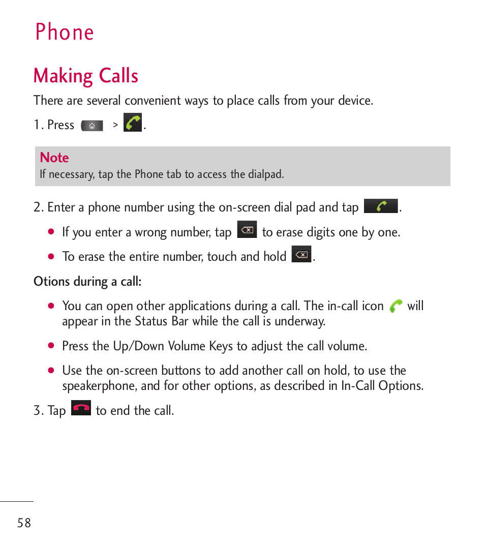 Phone, Making calls | LG LGL55C User Manual | Page 60 / 506