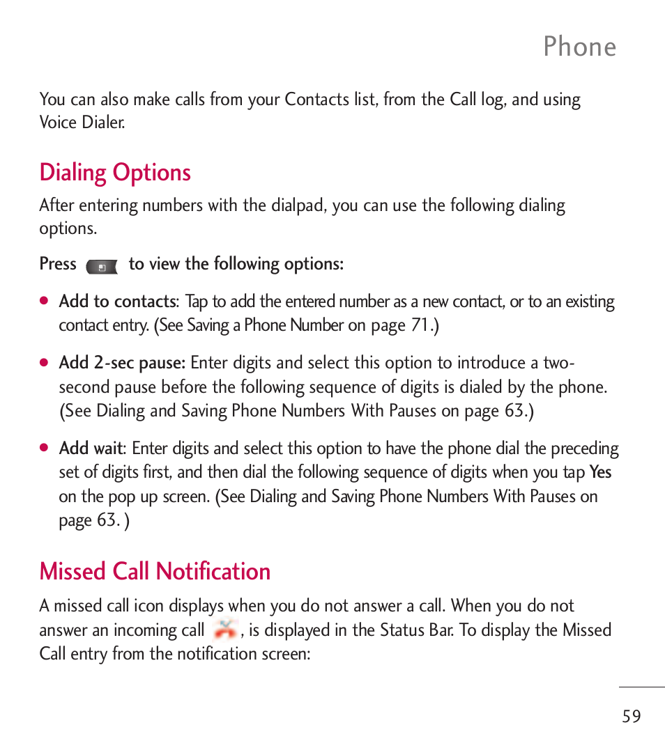 Phone, Dialing options, Missed call notification | LG LGL55C User Manual | Page 61 / 506