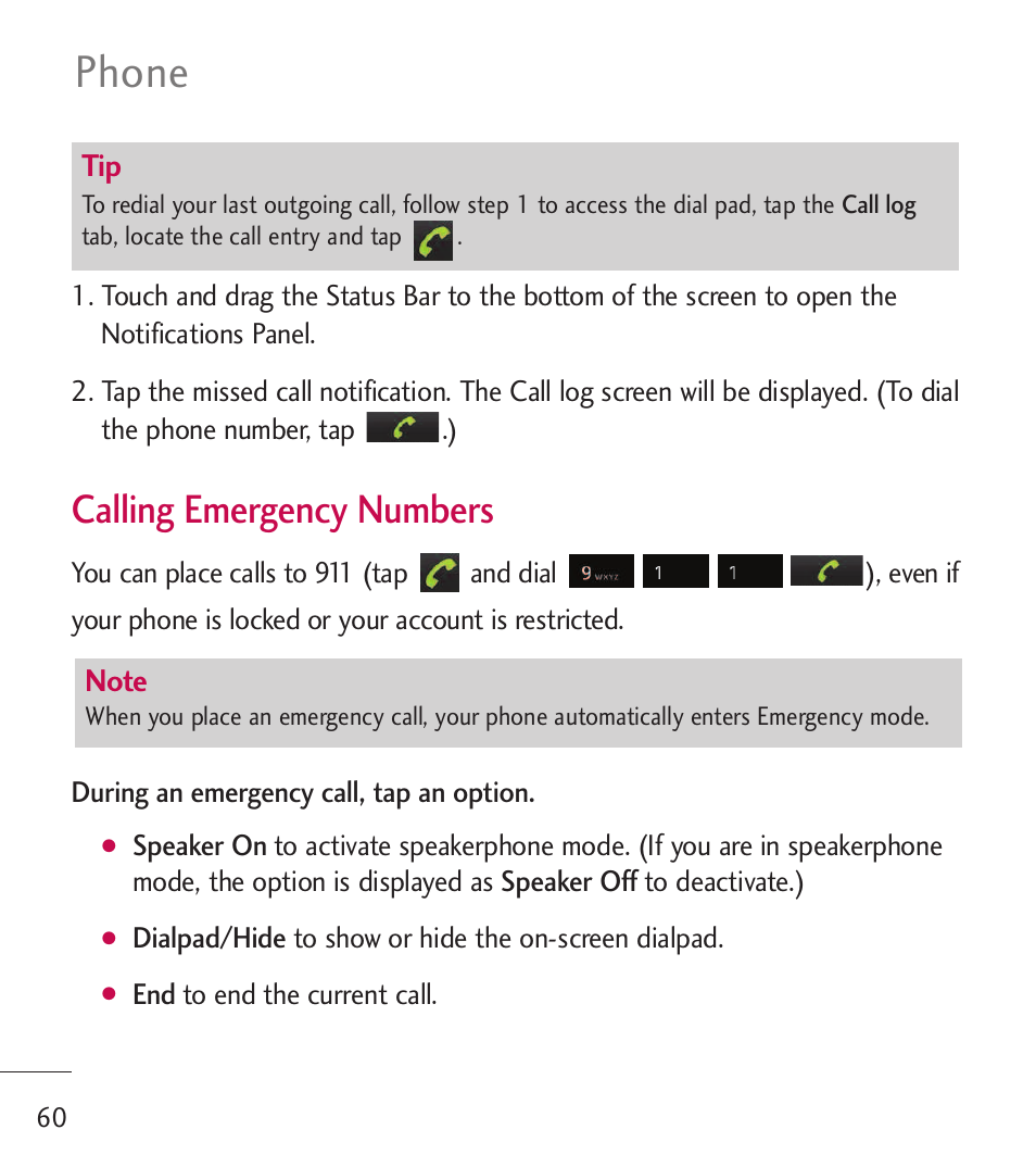 Phone, Calling emergency numbers | LG LGL55C User Manual | Page 62 / 506