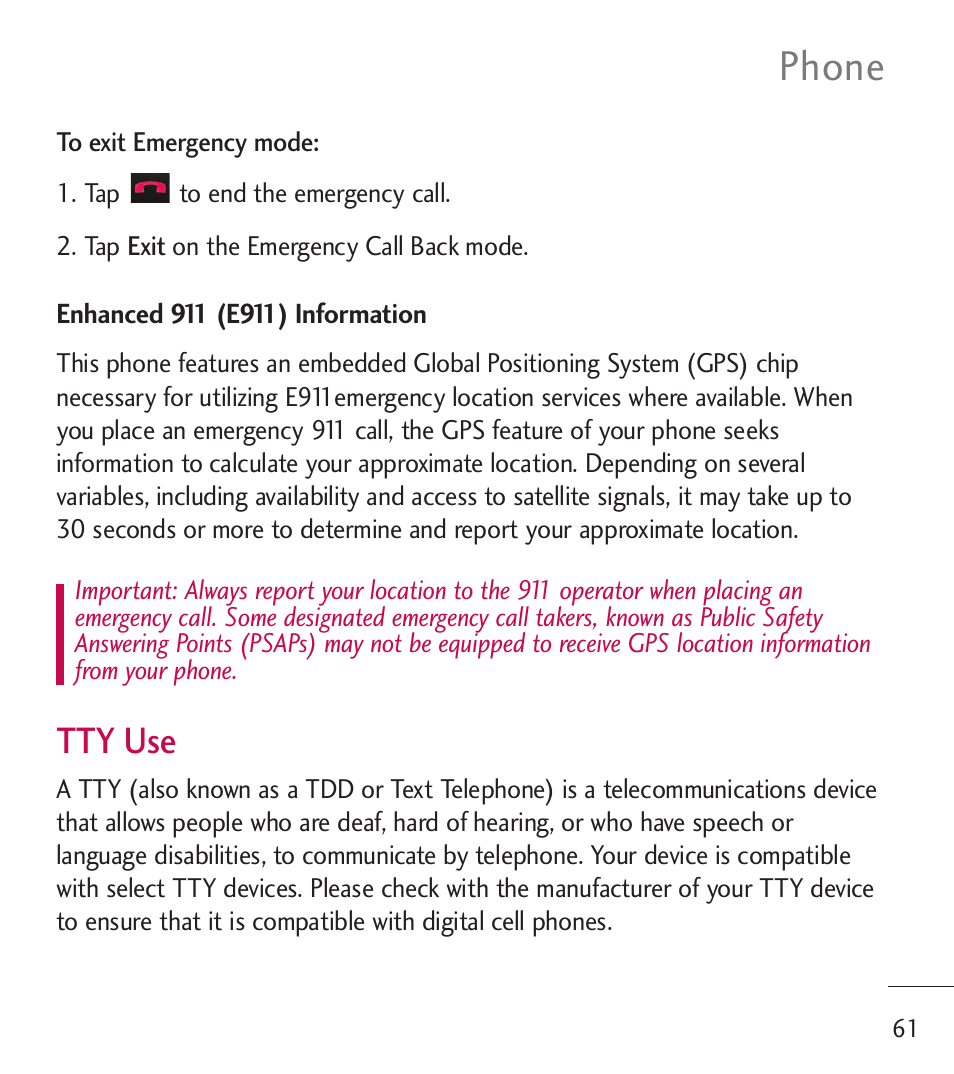 Phone, Tty use | LG LGL55C User Manual | Page 63 / 506