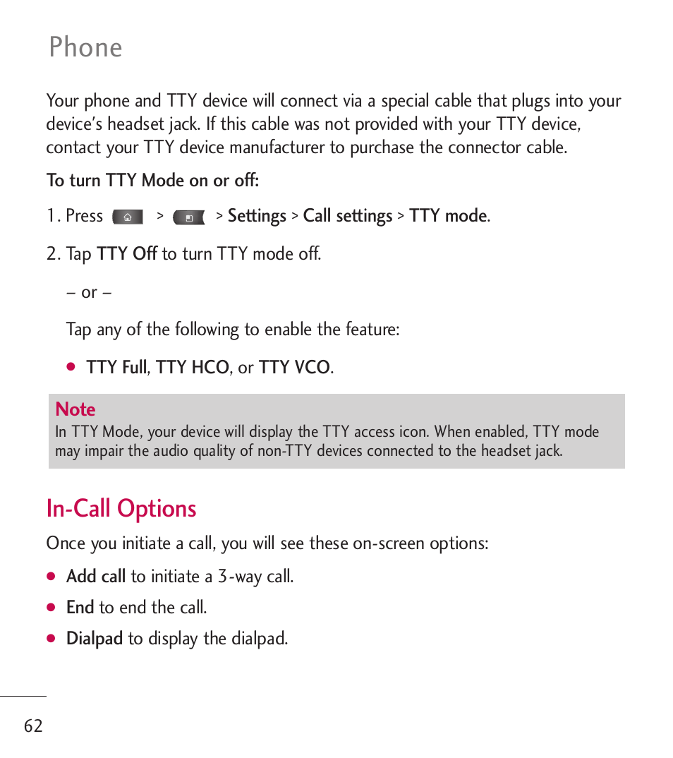 Phone, In-call options | LG LGL55C User Manual | Page 64 / 506