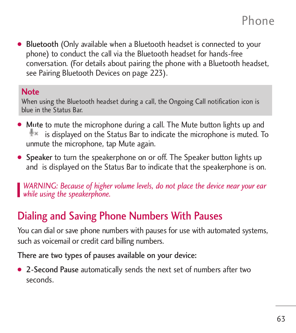 Phone, Dialing and saving phone numbers with pauses | LG LGL55C User Manual | Page 65 / 506